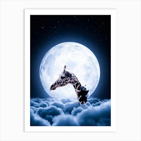 Giraffe And Cute Baby Panda And Full Moon Art Print