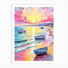 Sunset Boats On The Beach Art Print