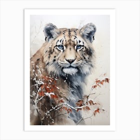 Snow Leopard, Japanese Brush Painting, Ukiyo E, Minimal 2 Art Print