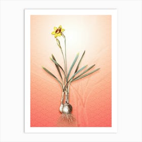 Narcissus Gouani Vintage Botanical in Peach Fuzz Seigaiha Wave Pattern n.0326 Art Print