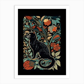 William Morris  Inspired Cats Collection Black Background Leaves Art Print