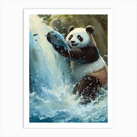 Giant Panda Catching Fish In A Waterfall Storybook Illustration 2 Art Print