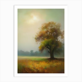 Oak tree, fine work of art, misty atmosphere, green meadow..2 Art Print