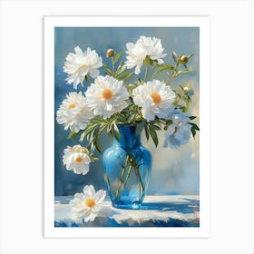 Impasto Painting Of White Flowers In A Blue Vase Art Print