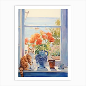 Cat With Amaryllis Flowers Watercolor Mothers Day Valentines 2 Art Print
