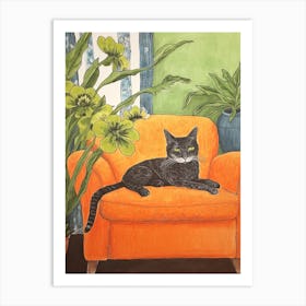 Black Cat Sitting On Orange Sofa Art Print