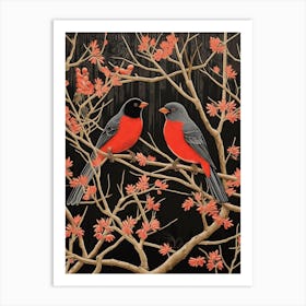 Birds And Branches Linocut Style 12 Art Print