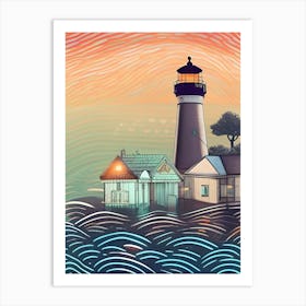 Artwork Outdoors Setting Scene Forest Woods Light Moonlight Nature Wilderness Lighthouse Abstract House Art Print