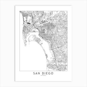 San Diego White Map Art Print