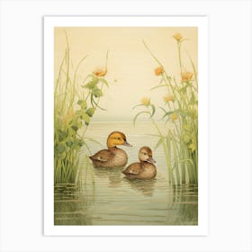Pair Of Ducklings In The Water Japanese Woodblock Style 1 Art Print
