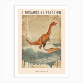 Vintage Diplodocus Dinosaur On A Surf Board 2 Poster Art Print