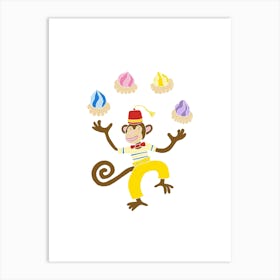 Monkey Juggling Ice Gems, Fun Circus Animal, Cake, Biscuit, Sweet Treat Print, Portrait Art Print