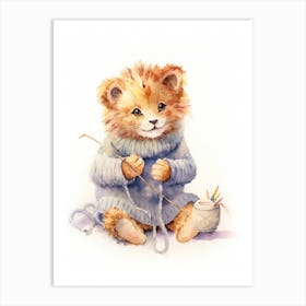 Knitting Watercolour Lion Art Painting 4 Art Print