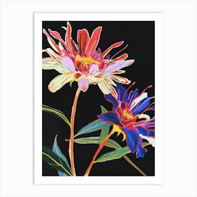 Neon Flowers On Black Asters 4 Art Print