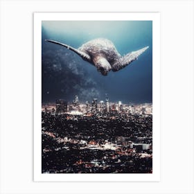 Turtle Flying City Night Art Print