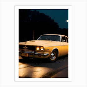 Yellow Muscle Car At Night Art Print