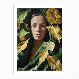 Girl Surrounded By Leaves Art Print