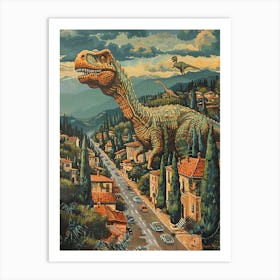Dinosaurs Roaming In A Mediterranean Village Art Print