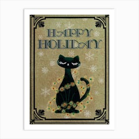 Happy holiday elegant black cat illustration Art Print