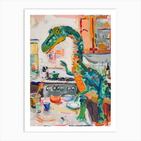 Dinosaur Cooking In The Kitchen Blue Brushstrokes 2 Art Print