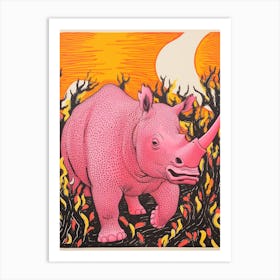 Linocut Inspired Pink Orange & Yellow Rhino  2 Art Print