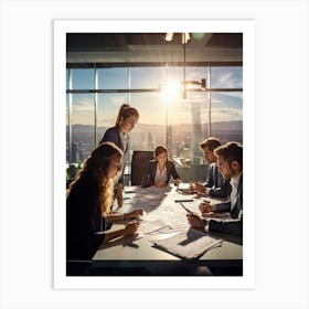 Conference Room Filled With Four Youthful Adults Two Women Two Men Engrossed In Team Strategy Do (3) Art Print