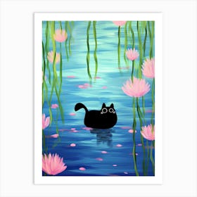 Black Cat In A Pond With Pink Flowers 2 Art Print