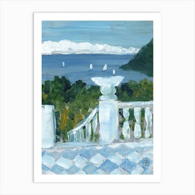 Sea View - hand painted vertical summer sea white blue bedroom living room mid century Art Print