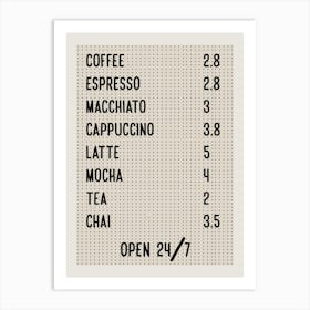 Coffee Shop Menu 1 Art Print