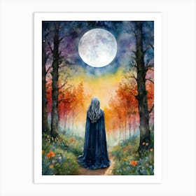 Wise Woman of the Moon - Witchy Watercolor Art by Lyra the Lavender Witch - Beautiful Crone Witch Lady Communing With the Lunar Goddess - Witches Pagan Wicca Gallery Feature Wall Artwork for Wheel of the Year Triple Goddess Maiden Mother Crone HD Art Print