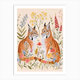 Folksy Floral Animal Drawing Bobcat Art Print