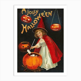 Joyful Halloween, Little Witch With Pumpkin Lanterns Art Print