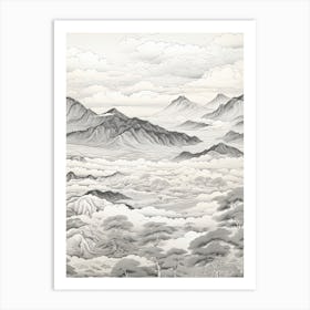 Aso Caldera In Kumamoto, Ukiyo E Black And White Line Art Drawing 2 Art Print