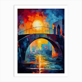 Old Stone Bridge at Sunset, Abstract Vibrant Colorful Painting in Van Gogh Style Art Print