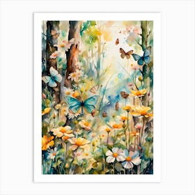 Watercolour Butterflies in Woodland Glade I Art Print