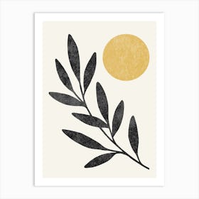 Leaf Sun Botanical Minimalist Gold Black Art Print