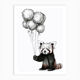 Red Panda Holding Balloons Ink Illustration 3 Art Print