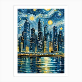 A starry night over a city skyline, with the stars and the moon reflecting on the skyscrapers and the water. The image would use Van Gogh’s characteristic swirls and strokes to create a dynamic and vibrant contrast between the natural and the urban elements. The image would also use complementary colors, such as blue and yellow, to create harmony and contrast. Starry Night Over the Rhone is an example of Van Gogh’s use of color and reflection in a night scene. Art Print