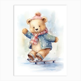 Ice Skating Teddy Bear Painting Watercolour 2 Art Print