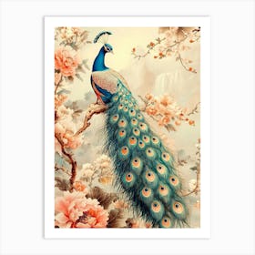 Luxury Chinoiserie Painting Of Peacock On Vintage Floral Pattern Art Print