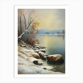 Ancient landscapes, old winter oil paintings and rocks around the lake bank. Snow is falling on the lake, old colors.2 1 Art Print