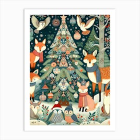 Woodland Animals Cozy Christmas Gathering  Art Print