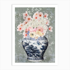 Abstract Chinoiserie Flowers in a vase vintage art Art Print