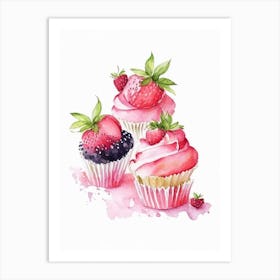 Strawberry Cupcakes, Dessert, Food Watercolour 1 Art Print