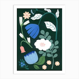 Scandi Flower Pastels Drak Green Background Painting Art Print
