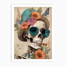 Vintage Floral Skeleton With Hat And Sunglasses (23) Art Print