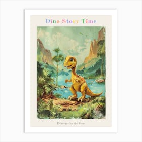Vintage Cute Dinosaur By The River Painting Poster Art Print
