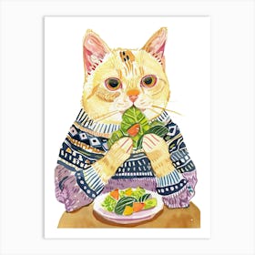Cute Tan Cat Eating A Salad Folk Illustration 2 Art Print