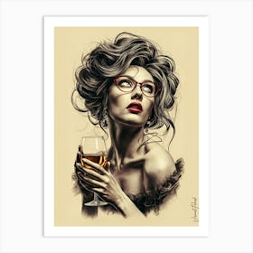 Lady With A Glass Of Wine Pencil Sketch Art Print