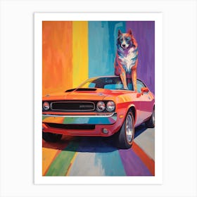Dodge Challenger Vintage Car With A Dog, Matisse Style Painting 2 Art Print